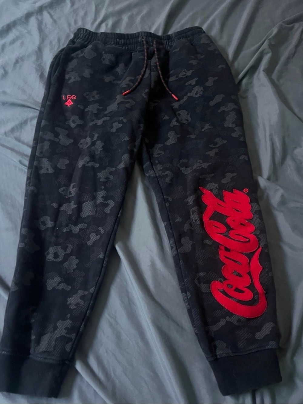 LRG Coca Cola mens Black Camo Jogger Pants with Red Logo